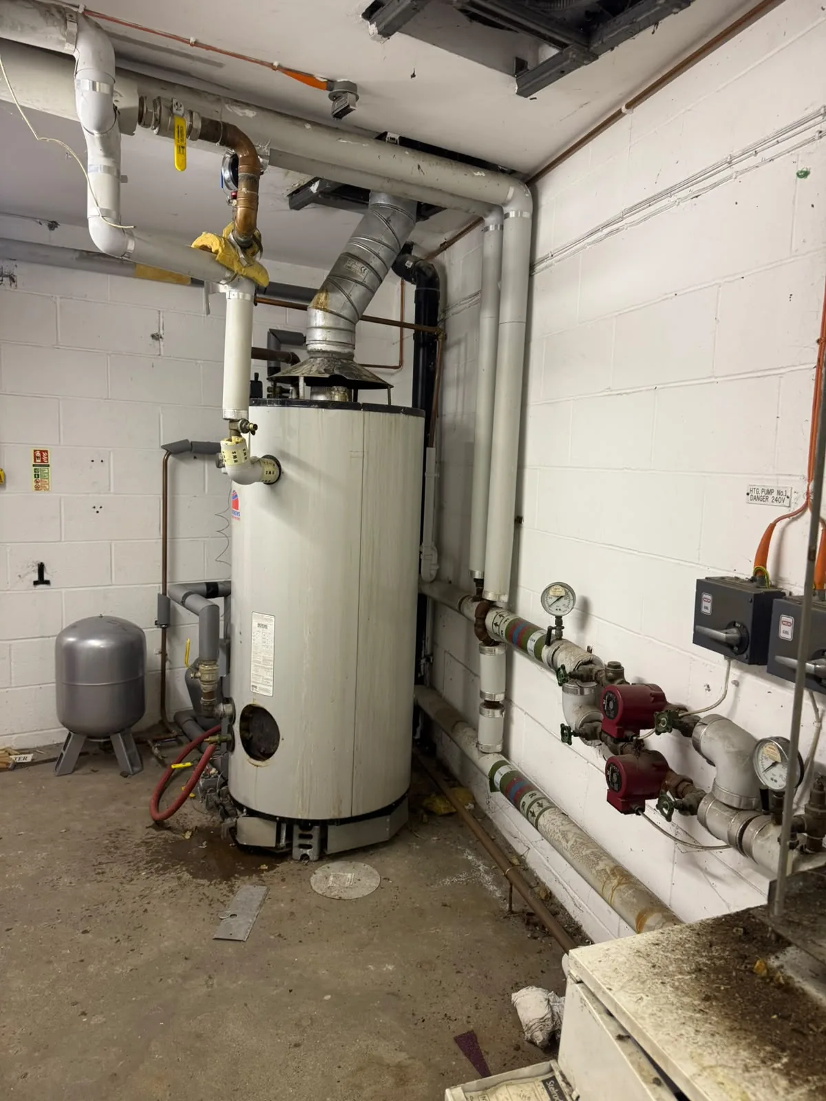 Commercial water heater installed with gas train and expansion vessel